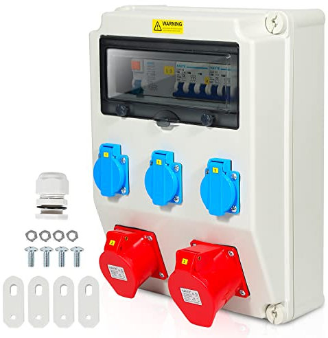 Peviasot Baustromverteiler mit FI-Schutzschalter, 5 Polig Baustromverteiler mit 3xSchuko-Steckdose und CEE-Steckdose 16/32A Stromverteiler für Innen und Außen