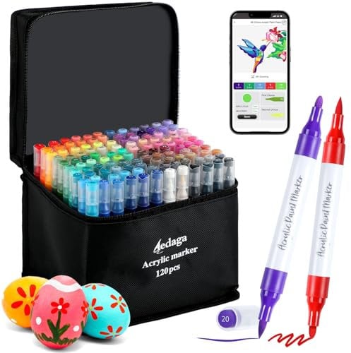 120 Colours Numbered Acrylic Paint Pens with Free App, Dual Tip Acrylic Paint Markers with Brush Tip and Fine Tip for Adults, Kids, Eggs, Wood, Rock, Canvas, Plastic, Stone, Glass, Ceramic
