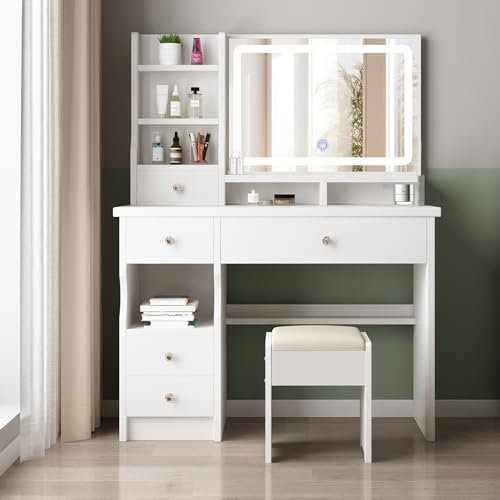 Schminktisch mit LED-Beleuchtung Spiegel,einstellbare Helligkeit, Schminktisch mit Stuhl, Frisiertisch mit 5 Schubladen und 4 Ablagen, Modern Kosmetiktisch aus Holz, Weiß (Y153)