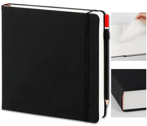 PU Abdeckung Skizzenbuch für Künstler, 20 x 20cm Aquarell Zeichenblock 200g/m², 160 Seite (80 Blatt) Sketchbook Dickes Papier, mit Bleistift Skizzenpapier für Künstler Kinder Studenten(Schwarz)