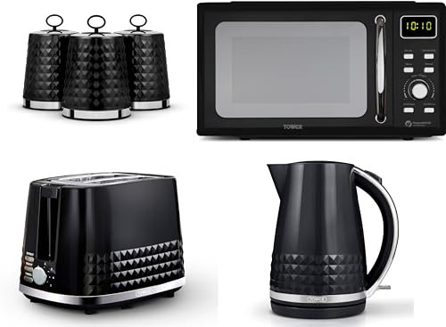 Tower Solitaire Black 1.5L 3KW Jug Kettle, 2 Slice Toaster, T24041BLK 800W 20L Digital Microwave & Canisters Set. Matching Modern Design Kitchen Set of 6 in Black with Chrome Accents