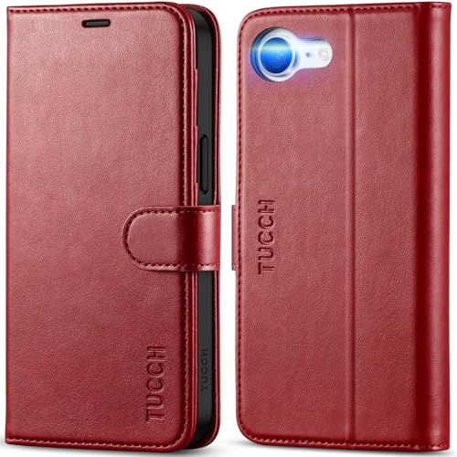 TUCCH Wallet Case with 4 Card Holders for iPhone 17e/iPhone 16e, Dark Red | RFID Blocking, Kickstand, Shockproof TPU, Premium PU Leather, Magnetic Closure, Folio Flip Folding Cover
