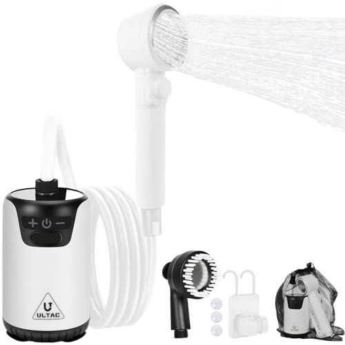 ULTAC Tragbare Dusche für Camping, 10000 mAh, elektrische Duschpumpe für den Außenbereich, wiederaufladbar, IPX7, wasserdicht, Campingdusche mit LED-Display und 2 Kopfdüsen für Camping, Wandern,