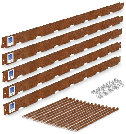 blizz-z terraflex cort Randeinfassung Cortenstahl-Set L 0,95 m x B 6 cm (5 Stück mit Zubehör) | Rasenkantenband, Beeteinfassung, biegbar, formbar, walzblank, Stärke 1 mm | Made in EU