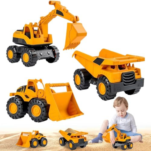 3 Stück Sandspielzeug Bagger Sandkasten, Sandbagger für Kinder, Baustellenfahrzeuge mit Verschiedenen Spielzeugautos (Bagger, Radlader, Kipplaster), Reifen aus Softmaterial, für Kinder ab 2 Jahren