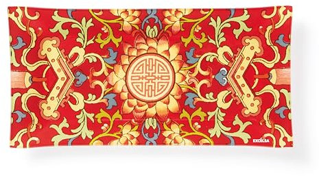 Excelsa La Via della Seta Vassoio Rettangolare in Vetro, Decorato con Motivo Orientale Rosso e Oro