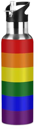 Mexpekil Lgbt Pride Rainbow Water Bottle with Straw Insulated Sports Stainless Steel Water Bottle Leakproof Drink Bottles for Kids Girls Boys School Running 600ml