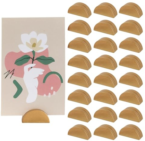 SMCEHEYA Table Number Stands 24Pcs Wooden Place Card Holders Golden Semicircular Design Greeting Card Display Stand Modern Table Card Clips for Wedding Table Name Number Picture Memo Note Photo(4X2cm)