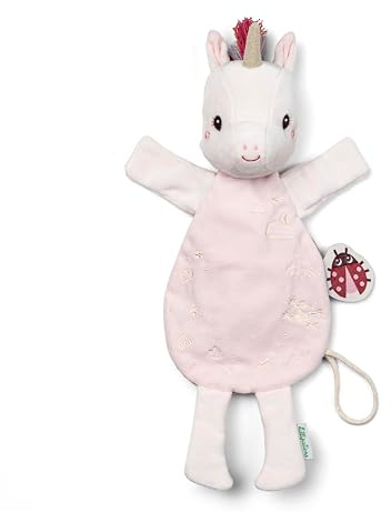 Lilliputiens, Lena das Einhorn Kuscheltier, Handpuppe, phosphoreszierend | Ab der Geburt, Bauch und Ohren leuchten im Dunkeln, Baumwollseil zum Befestigen des Schnullers und Namensschild