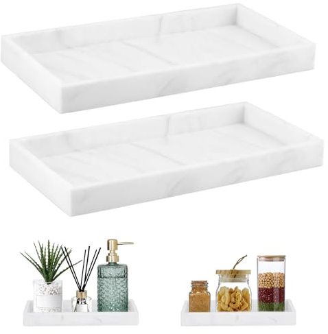 XIATIAN Bandeja Baño, 2Pcs Bandejas Decorativas (Mármol Blanco, 20x10x2cm) | Bandeja de Silicona, Bandeja Rectangular para Salón, Dormitorio, Lavabo, Bañera y Fregadero de Cocina