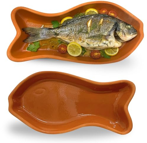 Vienberg Auflaufform Fischform 0,8 L – Tontopf aus Natur-Terracotta (Naturton) – mikrowellen- & backofengeeignet bis 260 °C – Fisch Form - 33 × 16 × 3,5 cm Ton Bratform (Natur, 2 Stück)