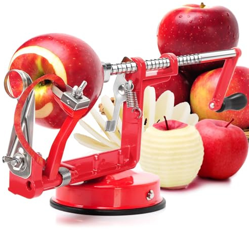 Apfelschäler Entkerner, 3 in 1 Apfelschäler Slicer Cutter mit leistungsstarkem Saugfuß und Edelstahlklingen für Äpfel, Birnen und mehr, (rot)