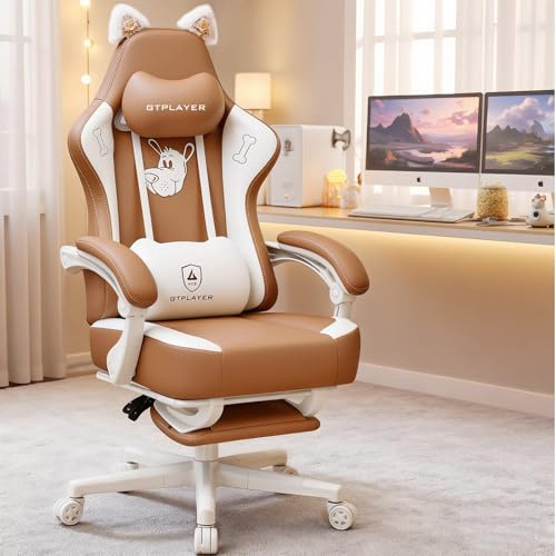 GTPLAYER Gaming Chair, High Back Computer Chairs with Footrest for Adults Ergonomic Lumbar Support Height Adjustable Swivel PC Chair with Cat Ears