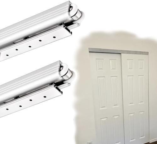 Vibeo Rail Porte Coulissante Quincaillerie pour Porte Coulissante à Deux Vantaux, 2 Rails de Porte Coulissante en Aluminium, Kit de Rail pour Porte de Placard à Ouverture Fluide(Silver,89in/225cm)