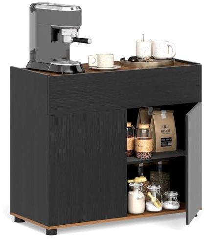 FANTASK Küchenschrank mit Arbeitsplatte, Buffetschrank mit Schublade & 2 Türen, Aufbewahrungsschrank Landhausstil, Sideboard Grifflosem Design für Küche, Esszimmer & Wohnzimmer (Schwarz)