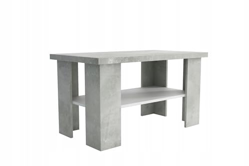 MEBLOHAND Couchtisch 90x50 cm für Wohnzimmer - Quadratischer Beistelltisch aus Laminierter Platte - Praktischer Kaffeetisch mit Regal Beton/Weiß