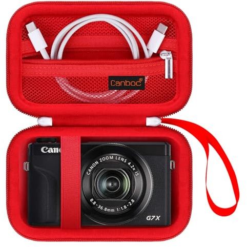 Canboc Tragetasche für Canon PowerShot G7 X Mark III / G7X Mark II Digital 4K Vlogging Kamera, SX740 SX730 Kameratasche, Reißverschluss Mesh Tasche passt USB-Kabel, Batterien, Rot