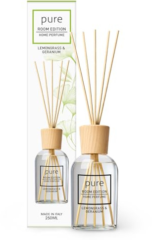 PURE ROOM EDITION 250ml Zitronengras & Geranie Raumduft | natürliche Inhaltsstoffe, vegan & tierversuchsfrei, Bio-Alkohol, Diffuser mit Stäbchen hergestellt in Italien