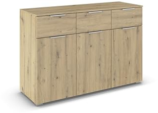Rauch Möbel Alabama, Kommode, Farbe Eiche Artisan, Maße 120x81x42 cm | Sideboard, 3-türig, 3 Schubladen, Soft-Close-Funktion, Griff Alufarben, für Schlafzimmer, Kinderzimmer, Garderobe, Flur