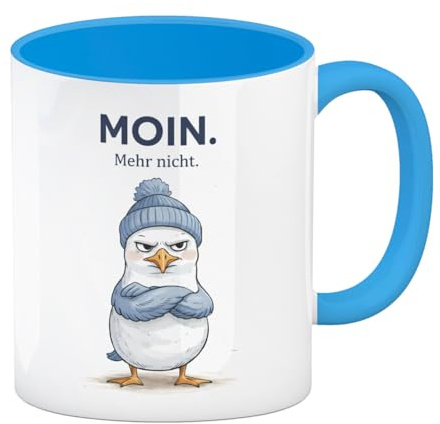 Manfred die Möwe Moin mehr nicht Kaffeebecher in hellblau für Küstenfans Lustige Tasse für Büro & Zuhause - Maritimer Kaffeegenuss