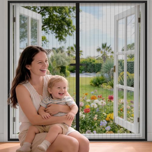 NOZIT DOOR Magnetisches Fliegengitter Fenster ohne Bohren, Schwarz 90x120, selbstschließend, transparentes reißfestes Netz, langlebiger Fliegengitter für Fenster und Balkone