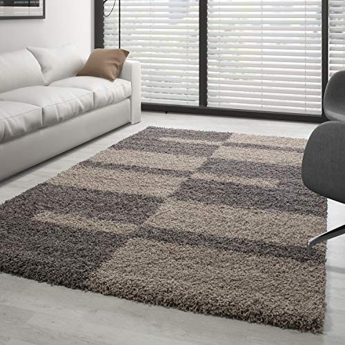 Carpettex Hochflor Teppich - Wohnzimmer Shaggy Flokati Modern Kariert Design 120 x 170 cm Taupe - Schlafzimmer Weich Flauschig Waschbar - Küche Esszimmer Langflor