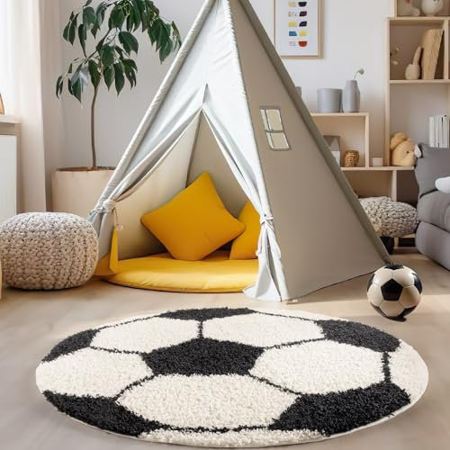 Carpettex Kinderteppich Fußball-Design Schwarz 120 cm Rund - Hochflor Teppich Kinderzimmer für Mädchen und Jungen Super Weich Flauschig - Runder Spielteppich Babyteppich Gaming Teppich Babyzimmer