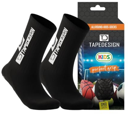 TAPEDESIGN - Classic Kids 1 Paar rutschfeste Kinder Fußball-Socken (Gr. 30 - 36) mit gummierten Noppen Schwarz (One-Size) - Grip Fussball-Socken & Sport-Socken für Jungen, Mädchen & Jugendliche