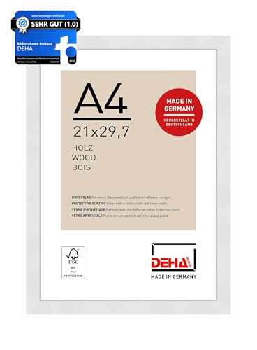 DEHA Design Bilderrahmen, 21 x 29,7 cm (A4), Holz, Weiß, Dokumentenrahmen zum Aufhängen im Hoch- & Querformat, bruchsicheres Kunstglas, Fontana