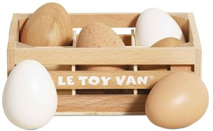 Le Toy Van - Wooden Honeybee Market Farm Eggs Half Dozen Age 2+ Crate | Supermarket Pretend Play Shop Food, Beige Tones
