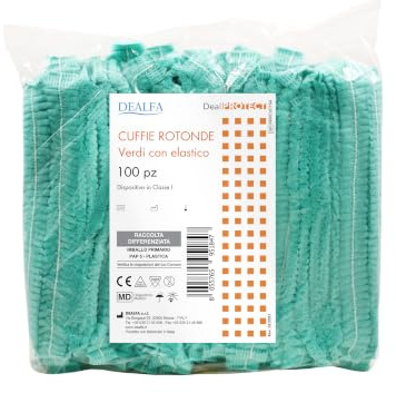 DEALFA Cuffia Rotonda Elasticizzata e Idrorepellente in TNT - Traspirante, Morbida, Anallergica - Monouso - Colore Verde - Taglia Unica - Confezione da 100 Pezzi