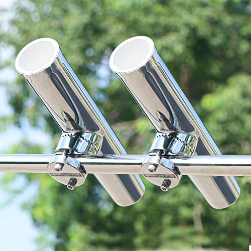 2PCS Tournament Style Boat Fishing Rod Holders, 316 Stainless Steel Clamp on 7/8 to 1 Rail, 360 Adjustable Fishing Rod Holder
