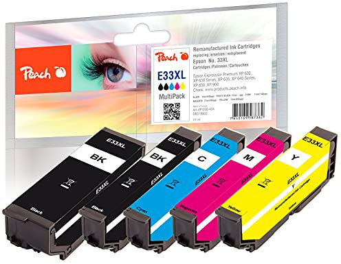 Peach E33 Spar Pack Druckerpatronen XL (BK, PBK, C, M, Y) ersetzt Epson T3357, No. 33XL, C13T33574010 für z.B. Epson Expression Premium XP -530, Epson Expression Premium XP -630
