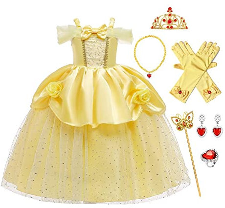 FMYFWY Costume da Principessa Belle Ragazze Bellezza e la Bestia Carnevale Costumi Vestito da Festa Fantasia Vestono Natale Halloween Compleanno Cerimonia Abiti con Accessori 6-7