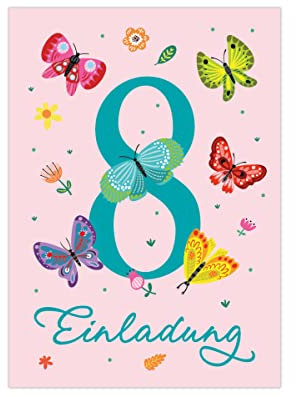 Junapack 12 Einladungskarten zum 8. Kindergeburtstag achte Geburtstag Mädchen Schmetterlinge