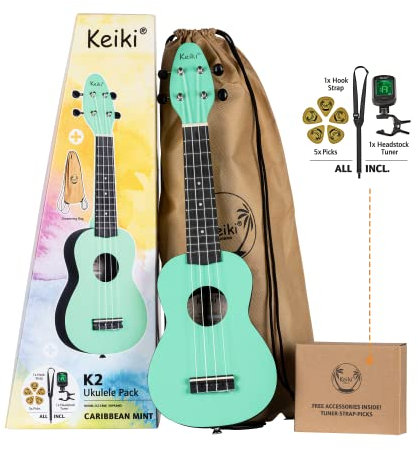 Ortega Guitars Sopran Ukulele Akustisch – Keiki K2 Series – Inklusive Zubehör – Agathis, ABS, Hellgrün (K2-CBM)