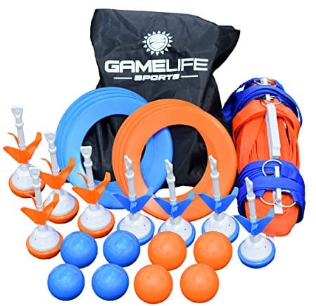 Backyard Battle Zone Outdoor Yard Game nylon court with hook and loop straps, up to 60 ft of playing space, 8 Bocce Balls, 8 Lawn Darts, 8 Flying Rings, Ground Stakes, Bag. Adult, Teen, Boys & Girls