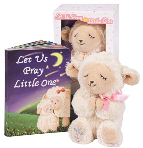 MyMateZoe Taufgeschenk für Mädchen, schönes Geschenk zur Taufe, Segnung und Namensweihe, 7 betendes Lamm Plüschtier und „Lasst Uns beten“ Babybuch im Erinnerungs-Geschenkbox Set