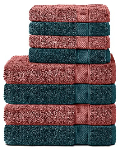 Komfortec 8er Handtuch Set aus 100% Baumwolle, 4 Badetücher 70x140 und 4 Handtücher 50x100 cm, Frottee, Weich, Towel, Groß, Petrol/Ziege