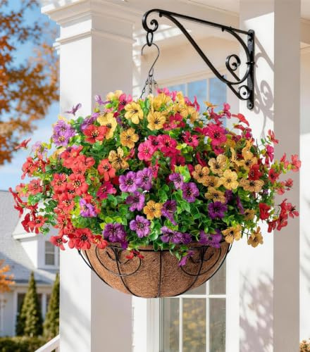 HyeFlora Panier de fleurs artificielles à suspendre pour l'été et l'extérieur, fausse soie, résistante aux UV et au soleil, marguerite colorée pour porche, maison, terrasse, balcon, cour