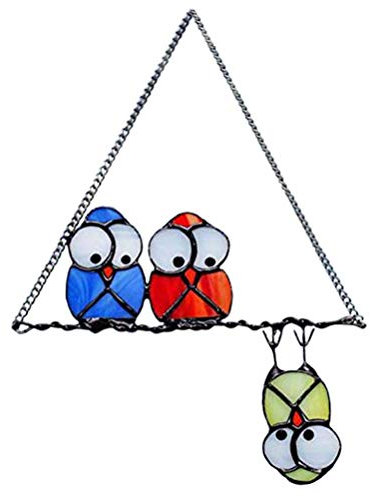 Hztyyier Owl Suncatcher, Multicolor Bird Stained Glass Window Hangings Decor, 3 Owls Light Through Window Hanging Ornaments for Home Decoration