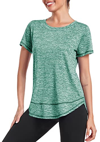 Deaviya Women's Sports T-Shirt Gym Tops, Short Sleeve Workout Casual Running Tops, Ladies Gym Yoga Sports Top, Crew Neck Fitness T-Shirts for Women, Loose Side Split Tee,Green 3XL