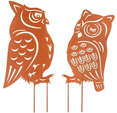 OKESYO Rost Deko für Garten Metall Vögel, 2 stück Gartendeko Rost Eule, Eule Garten Deko Rost Gartenstecker mit Schraube, Rost Gartendeko für Garten, Balkon und Terrasse