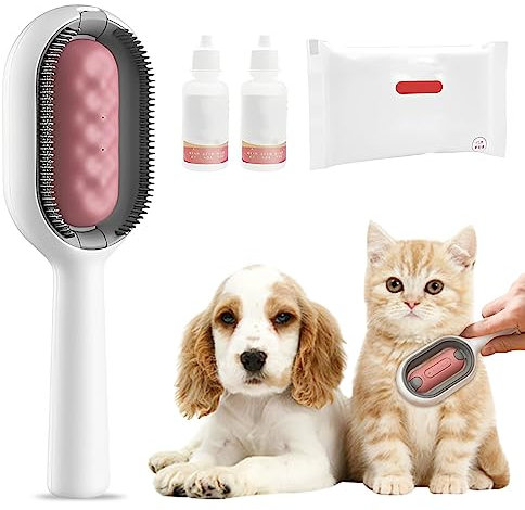 Pet Hair Cleaning Brush, 4 In 1 Universal Pet Knots Remover with Water Tank and Wet Wipes Self Cleaning Cat Brush Pet Grooming Comb Cat Hair Brush for Removing Loose Fur and Dirt (long-pink)