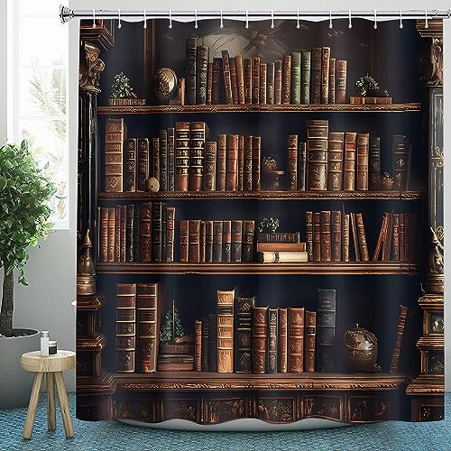 CLOXKS Duschvorhang 90x180 Bücherregal - Anti-Schimmel, Weiche Beschwerter Saum, Blickdicht, Wasserdicht, Waschbar Vintage Bibliothek Muster Duschvorhänge für Badewannen Textil Set mit 12 Haken