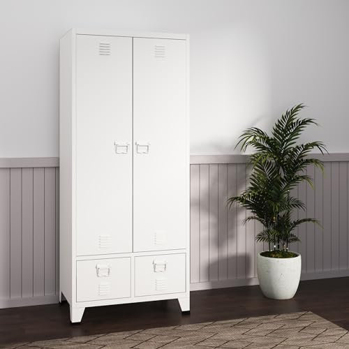 [en.casa] Armoire de Chambre Style Industriel Penderie à 2 Portes avec Étagères et Tiroirs Meuble de Rangement pour Dressing Chambre Salon Acier 180 x 90 x 40 cm Blanc