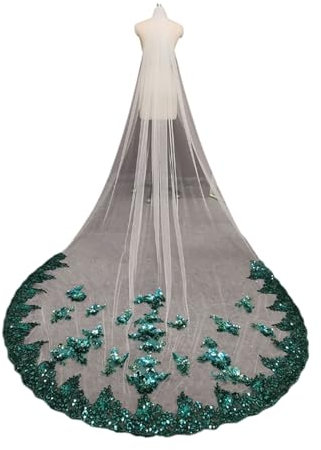 LKXGRRSFG Schleier Luxus Bling Pailletten Grüne Spitze Weicher weißer Tüll-Hochzeitsschleier mit Kamm 1 Schicht, 3 Meter, bunter Schleier