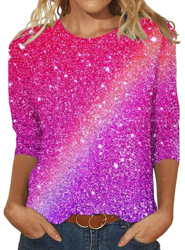 HOOUDO Tägliches, mit Pailletten bedrucktes Damen-T-Shirt mit Rundhalsausschnitt, Sieben Viertelärmeln, bedrucktes Blumen-Lose-Top Gelbes Oberteil Damen