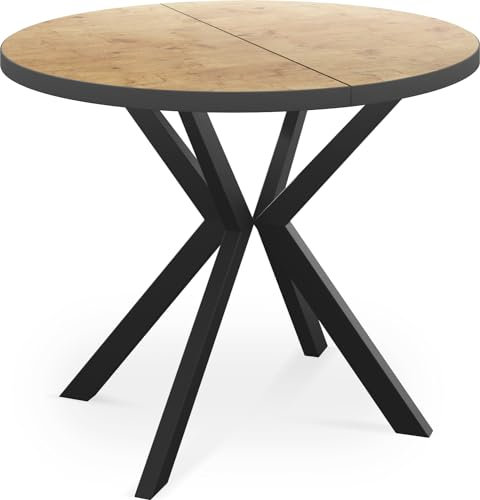 WFL GROUP Runder Ausziehbar Tisch für das Esszimmer - Tischrand Schwarzes Dekor - 100 oder 120 cm - Ausziehbarer Tisch mit Pulverbeschichteten Schwarzen Metallbeinen - 100 cm - Lancelot Eiche