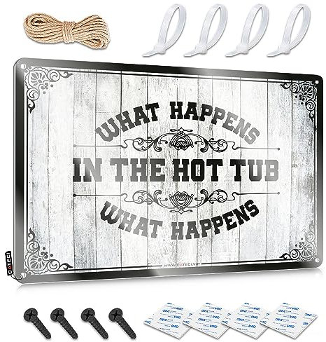 Funny Metal Signs for Outdoors What Happens in The Hot Tub Stays in The Hot Tub Tin Sign Metal Vintage Signs Tin Signs for Man Cave(Size:30X40CM)